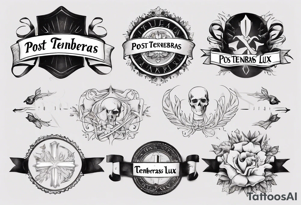 text "POST TENEBRAS LUX" in roman font on a ribbon with dark shades tattoo idea