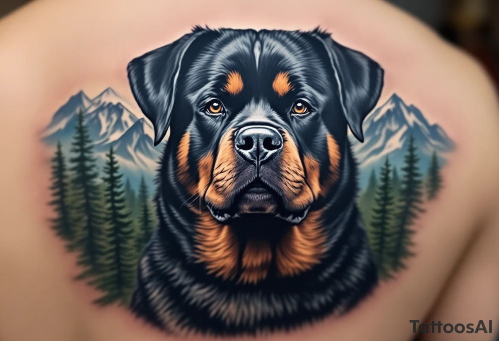 Majestic Rottweiler with Mountain Scenery – A proud Rottweiler gazing over mountain peaks and pine trees. Earth-toned fur, background in natural blues and greens. tattoo idea
