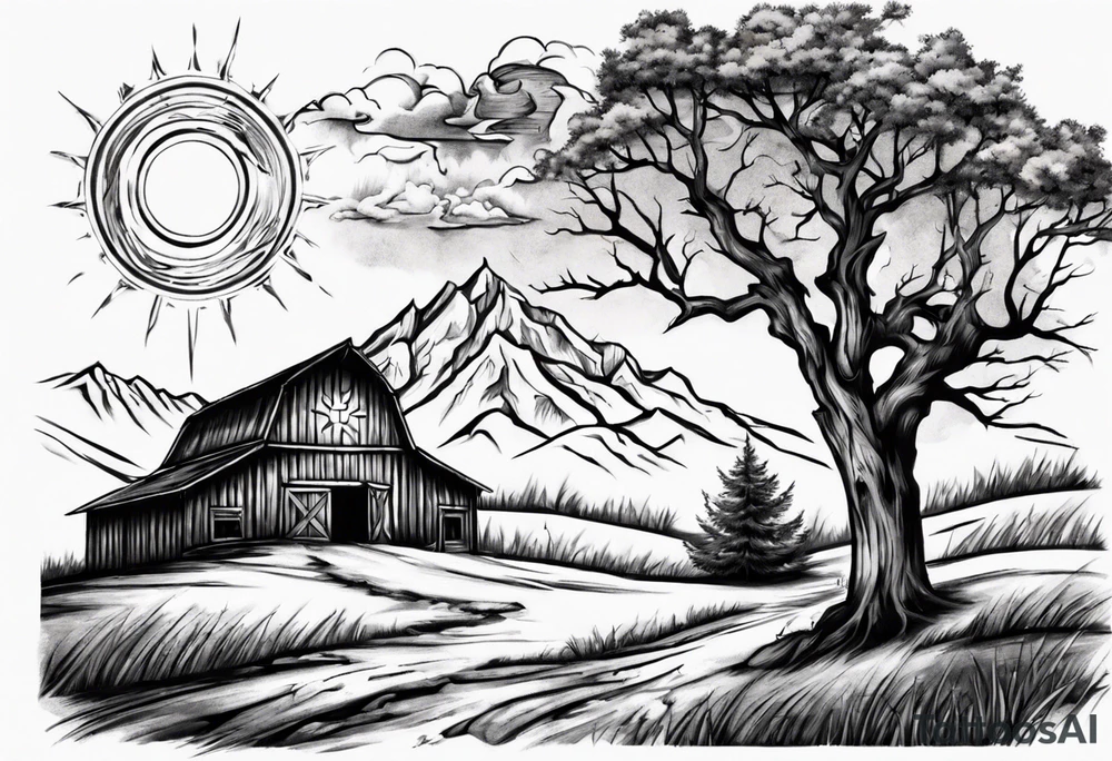 barn with a tree in front with a mountain in the back with a sun above beaming down showing a cross tattoo idea