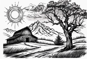 barn with a tree in front with a mountain in the back with a sun above beaming down showing a cross tattoo idea