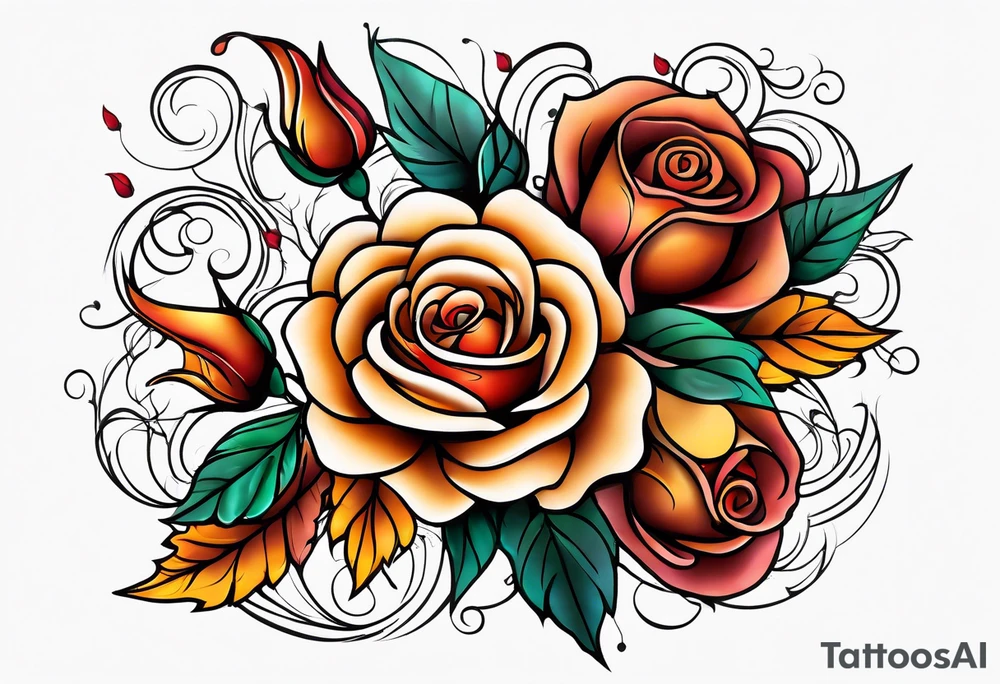 sleeve tattoo in fall colors with roses background swirls, leaves tattoo idea