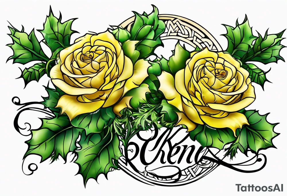 Scottish thistle, yellow rose and shamrock with stems intertwined spelling KND in celtic lettering tattoo idea