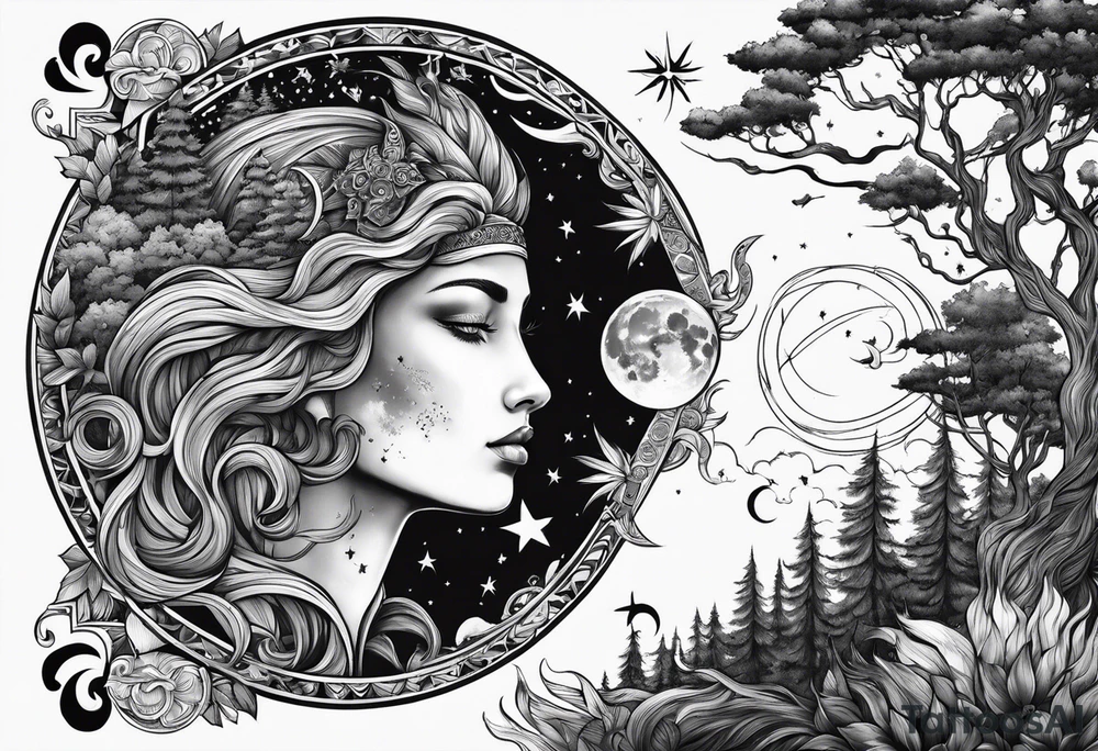 Sun and moon and fire forrest tattoo idea