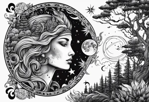 Sun and moon and fire forrest tattoo idea