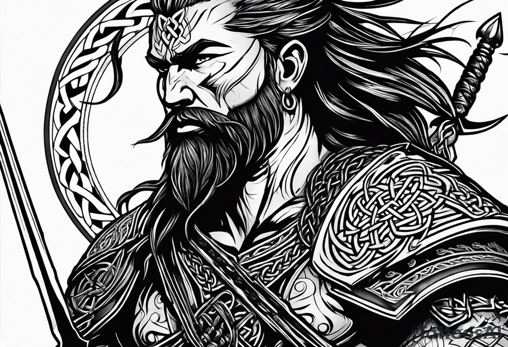 Side profile, full body of Celtic warrior with weapons unsheathed tattoo idea