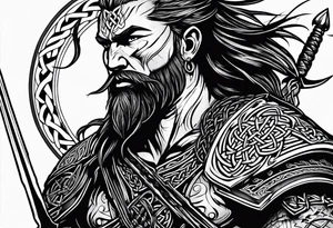 Side profile, full body of Celtic warrior with weapons unsheathed tattoo idea