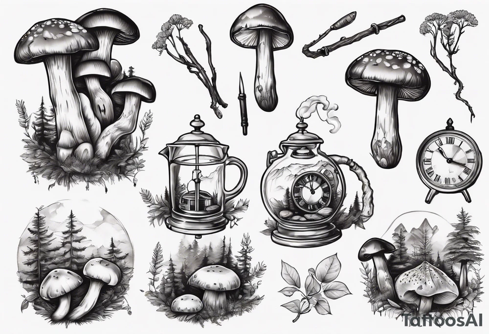 mounting landscape with little boletus in the forest.
Add in a middle an antique clock at 9:44pm. across the tattoo a cinema film. And on top a deck of poker cards

Grandma's walking stick
An Italian coffee maker tattoo idea