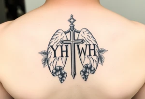 Initials YH WH in lungs with cross and grape vines tattoo idea