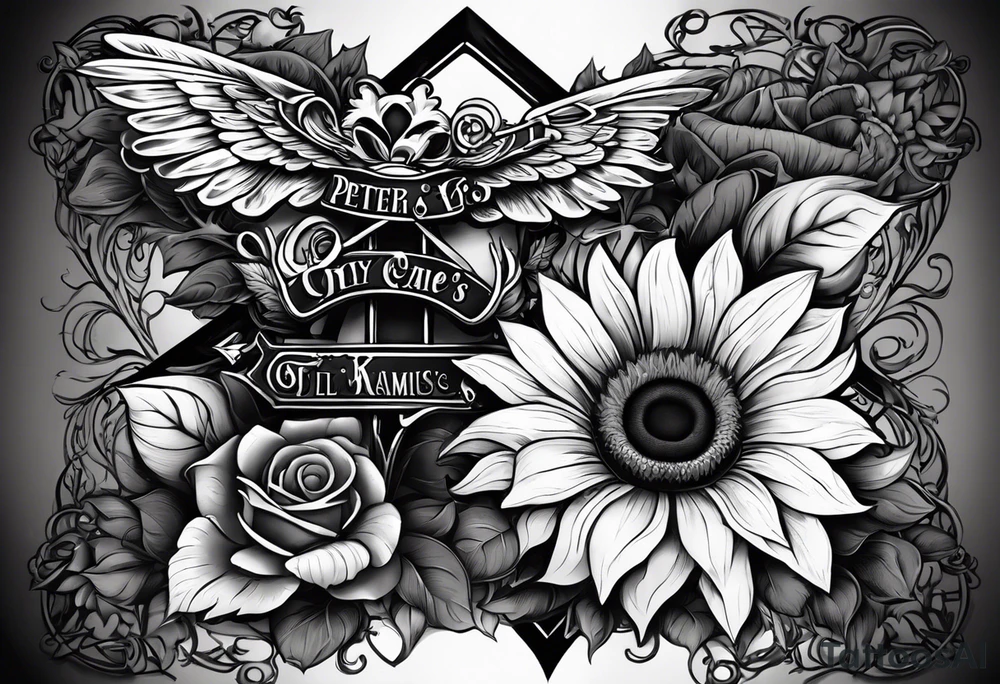 A cross with my family’s names on it names are Peter Lori Kyle and peter around Peter’s  name put a motercycle and a bear around loris name put a sunflower and a heart and around Kyle’s name put a baseball and electricity tattoo idea