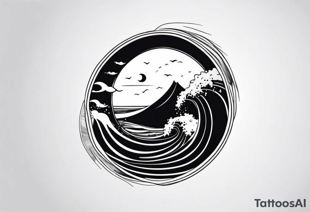Waves and beach in black and White, INSIDE a shape of a bodyboard tattoo idea
