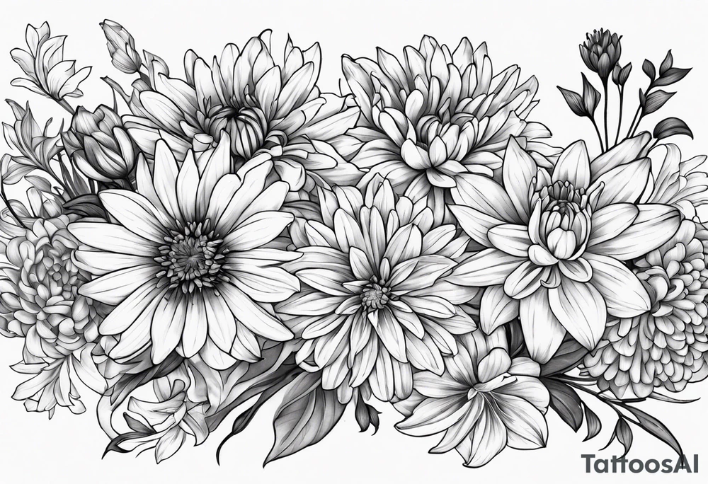 Asters, lillies, and chrysanthemums in a long line tattoo idea