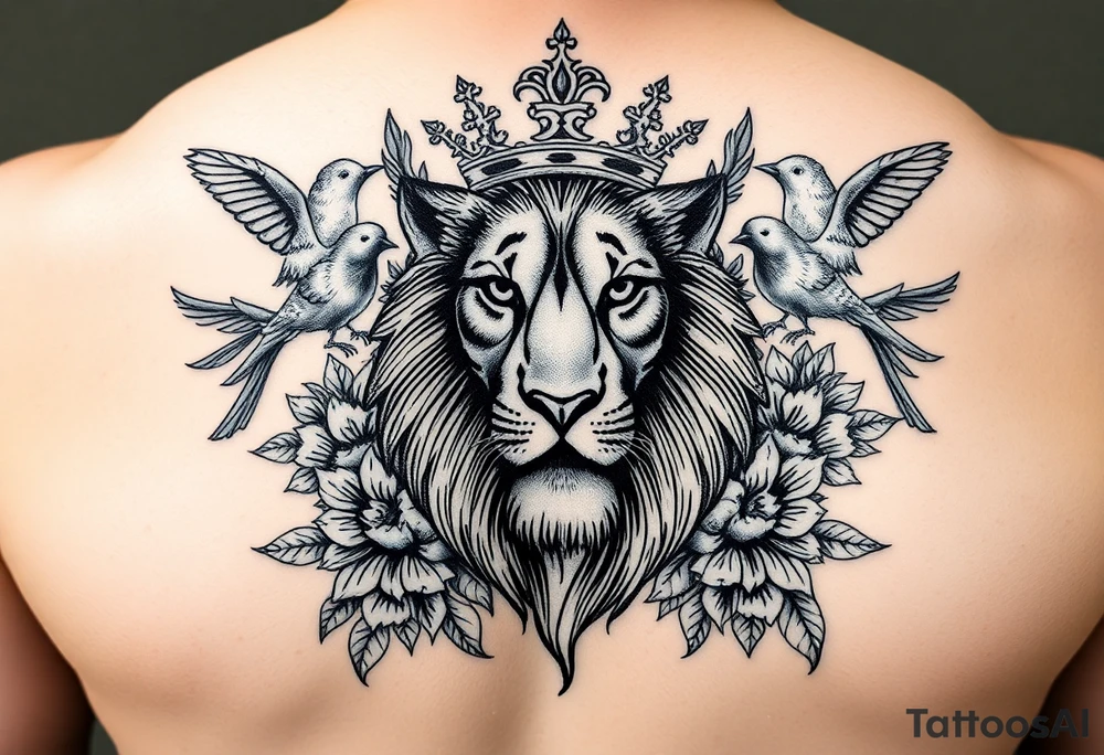 powerful majestic lion with a crown, surrounded by floral ornaments and birds tattoo idea