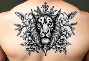 powerful majestic lion with a crown, surrounded by floral ornaments and birds tattoo idea