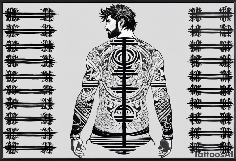 Certainly! Here’s a description for your back tattoo:

---

**Tattoo Description:**

Design: Black work, paint strokes.
Location: Back.
Concept: Dante's Inferno, representing the layers of hell.

**Design Details:**

1. **Vertical Lines:**
   - Two bold, vertical lines run parallel up the spine, symbolizing the journey through the depths of Dante's Inferno.

2. **Horizontal Lines:**
   - Nine horizontal lines intersect the vertical lines, each representing one of the nine circles of hell.
   - The lines descend down the back, each becoming progressively shorter and narrower to signify the decreasing levels of hell's circles.
   - The paint stroke style gives the lines a dynamic, brush-painted appearance, enhancing the dramatic and artistic effect.

3. **Overall Style:**
   - The black work technique ensures a striking contrast, with deep black ink emphasizing the severity and depth of the concept.
   - The paint stroke style adds an element of fluidity and movement, symbolizing the chaotic and tortured nature of hell as depicted in Dante’s Inferno.

---

This description provides a clear and detailed vision for your tattoo artist to work from, capturing the essence and symbolism of Dante’s Inferno in a powerful and visually striking way. tattoo idea