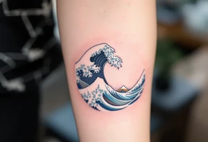 traditional Japanese wave in deep navy with white crests curling into a stylized spiral. tattoo idea