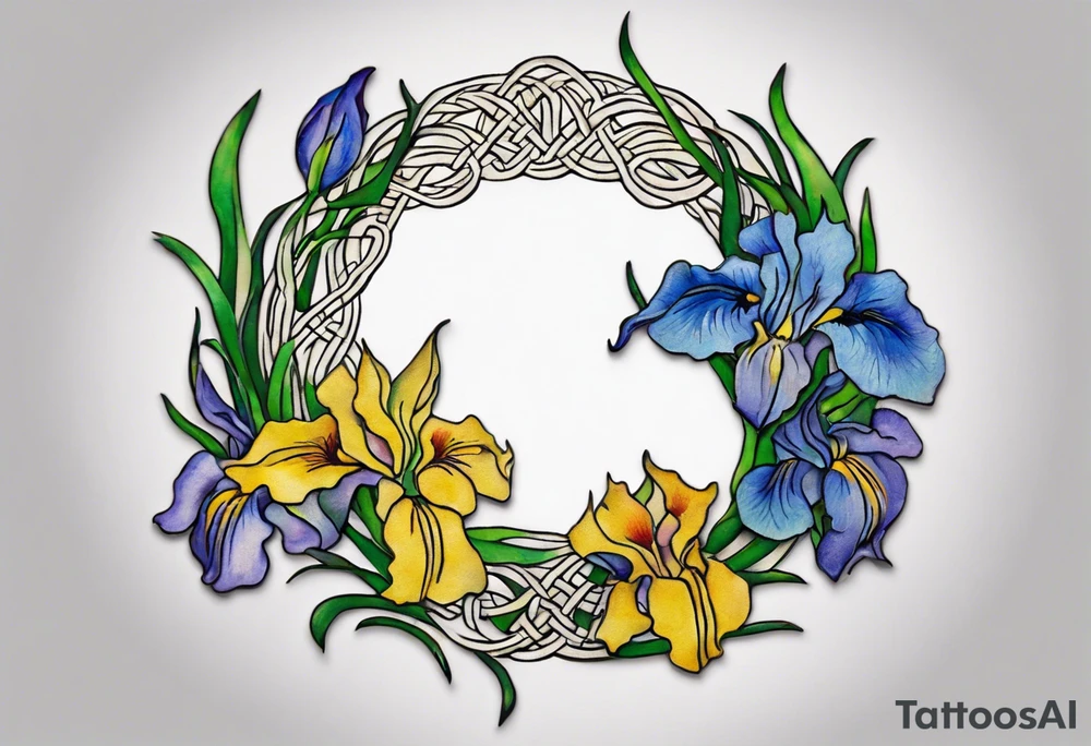Create a small, colorful Vincent van Gogh Irises tattoo in the form of a crescent, with vines in Celtic knot style gracefully intertwining at a central point in the middle of the wreath. The intended placement is on the upper chest. The middle needs mountains. The overall design should be small in size while maintaining a delicate and artistic aesthetic. Pay attention to the graceful flow of the vines and the placement of the irises to achieve a refined and elegant look. tattoo idea