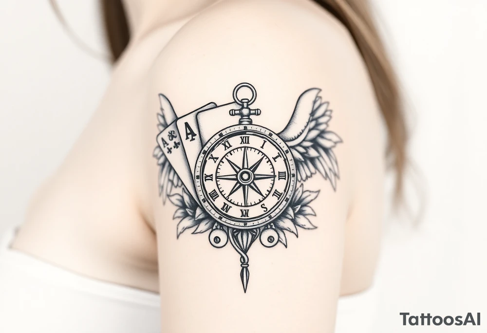 Slot machine cards compass and clock with angel wings tattoo idea