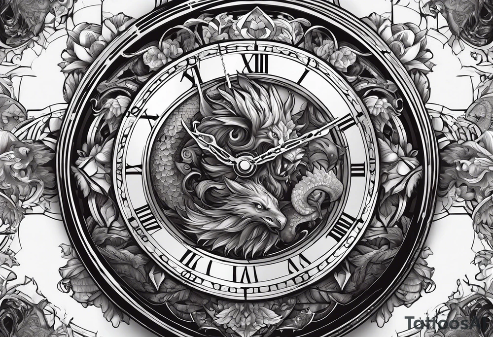 fight beasts in clock big tattoo idea