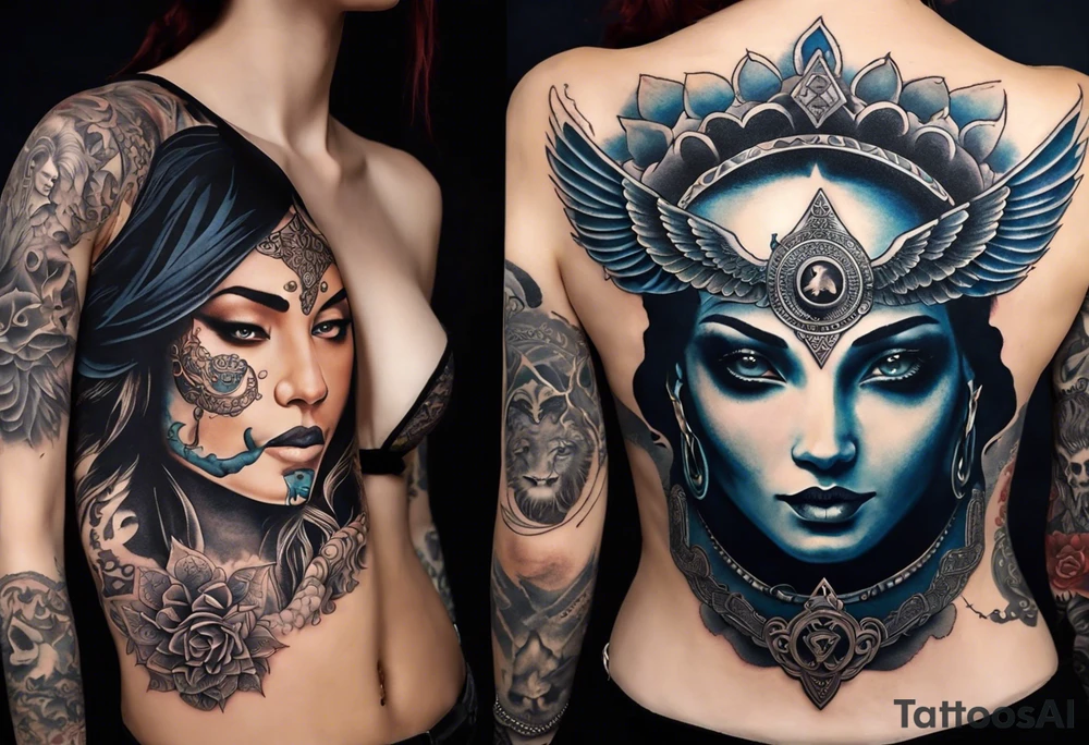 black kali, goddess pirate, alien, angel, pachamama, valkrye, warrior, flying, skull, lotus azul, wing, eagle, zenza resonance, stars, 5D, anahata chakra, death, durga, riding on a tiger, flying lady, kundalini, chest tatoo tattoo idea