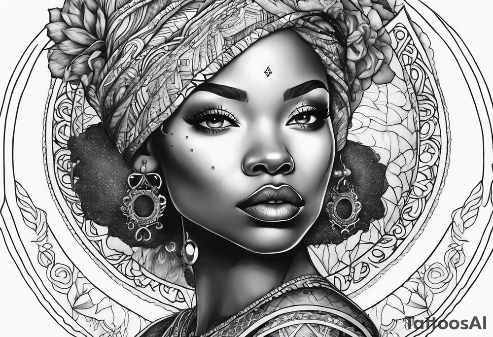 Black woman, enlightenment, wisdom, astronomy, cancer zodiac, natural tattoo idea