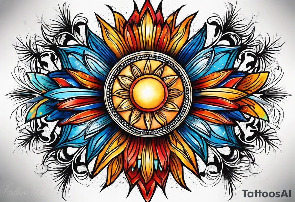 sunburst with yellow, orange, red, and blue colors tattoo idea