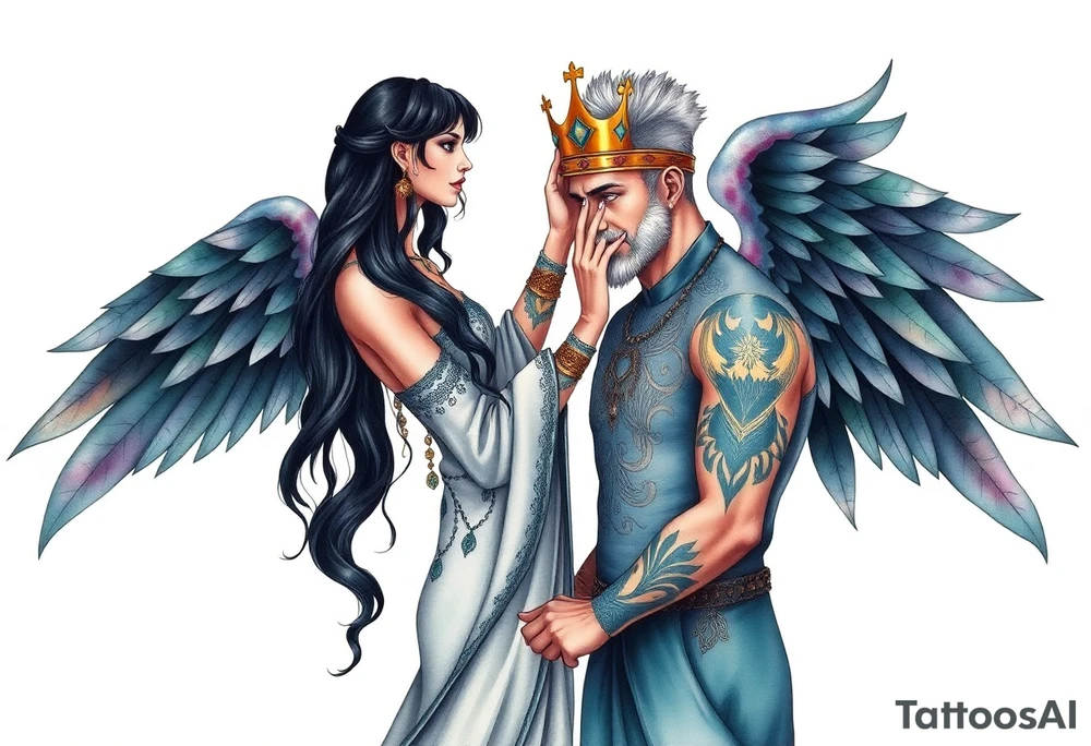 A Scorpio gypsy woman with wings like an angel and long black hair and green eyes placing a kings crown on a tall man with grey short spiked hair and blue eyes. She is wearing a long flowing dress tattoo idea