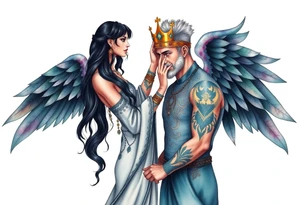 A Scorpio gypsy woman with wings like an angel and long black hair and green eyes placing a kings crown on a tall man with grey short spiked hair and blue eyes. She is wearing a long flowing dress tattoo idea