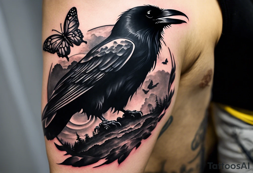Black and white tattoo. The main image is a raven and a butterfly flying together towards the sky. The raven is shrouded in light and the butterfly in darkness. In the background you can see a 46 (from Valentino Rossi). You can also see a small scorpion and an 89, as well as a large lettering that reads "SKF". tattoo idea