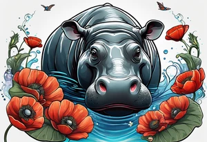 Hippopotamus, poppies, water lilies, tattoo idea
