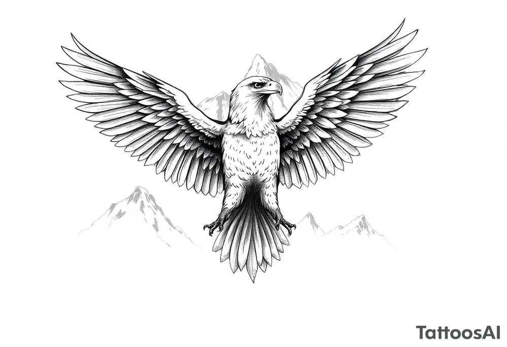 majestic eagle spreading wings against mountain peaks tattoo idea