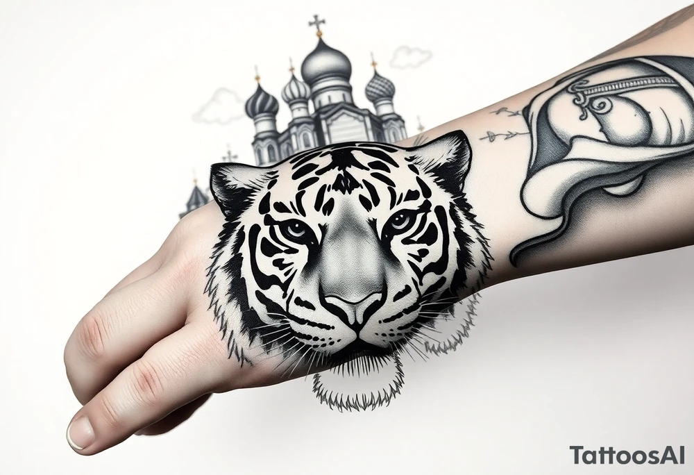 Realistic tiger face on the back of the hand with its eyes ALL black and no pupils, sitting beneath a Russian Orthodox cathedral sitting above on the top fore arm with onion domes and orthodox crosses. with clouds above and a virgin mary tattoo idea
