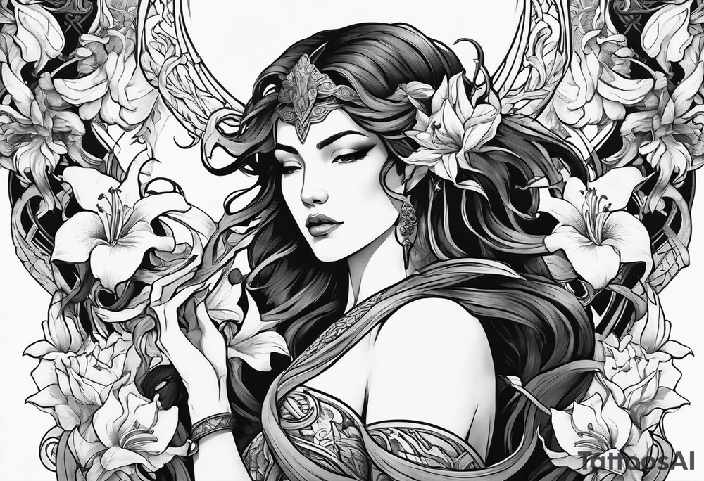 a side view of the goddess lilith holding a serpent and surrounded by lilies tattoo idea