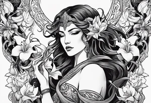 a side view of the goddess lilith holding a serpent and surrounded by lilies tattoo idea