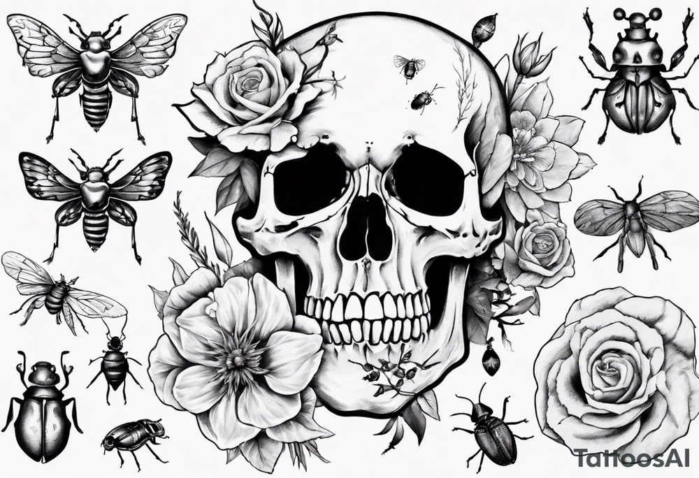 Female skull with flowers and bugs around it tattoo idea