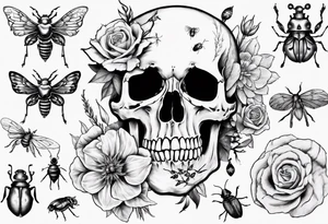 Female skull with flowers and bugs around it tattoo idea