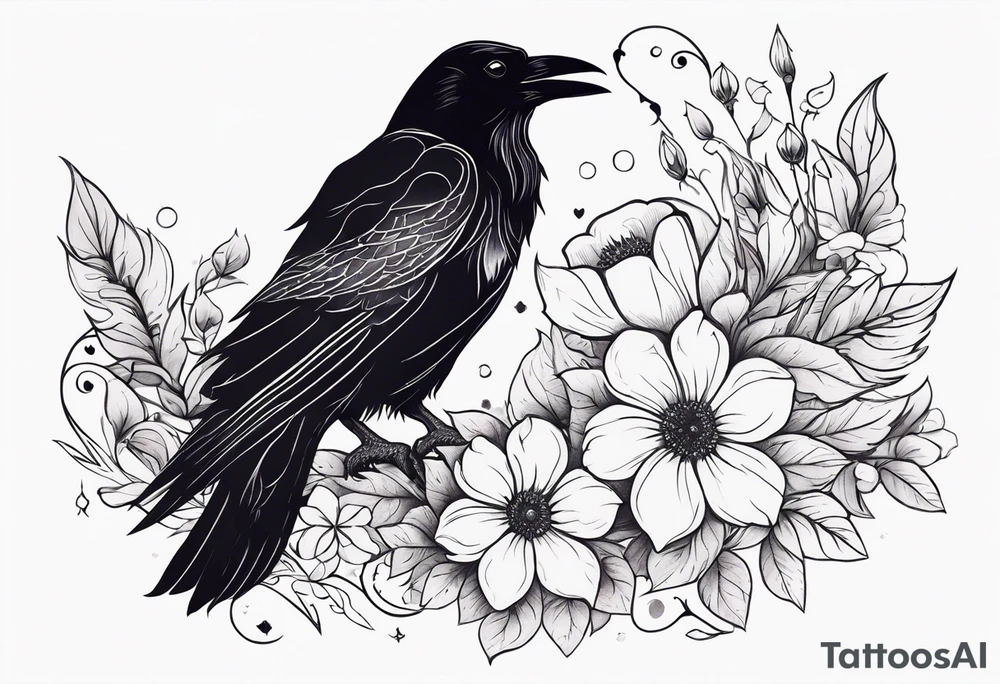 Fantasy raven with flowers tattoo idea
