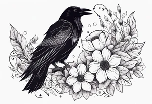Fantasy raven with flowers tattoo idea