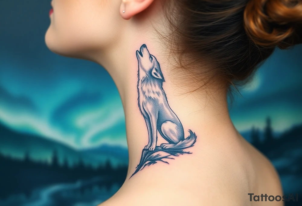 lone wolf howling at full moon with northern lights backdrop tattoo idea