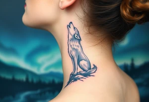 lone wolf howling at full moon with northern lights backdrop tattoo idea