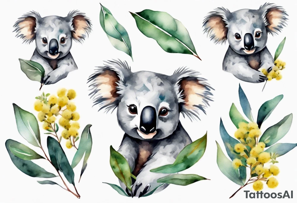 A koala with eucalyptus leaves and wattle leaves tattoo idea