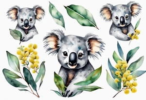 A koala with eucalyptus leaves and wattle leaves tattoo idea