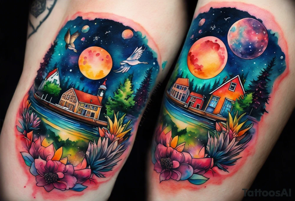 Watercolour arm tattoo of stag deer and birds in Amsterdam canal featuring Amsterdam houses in space and galaxies featuring pineapples and galaxy colours tattoo idea