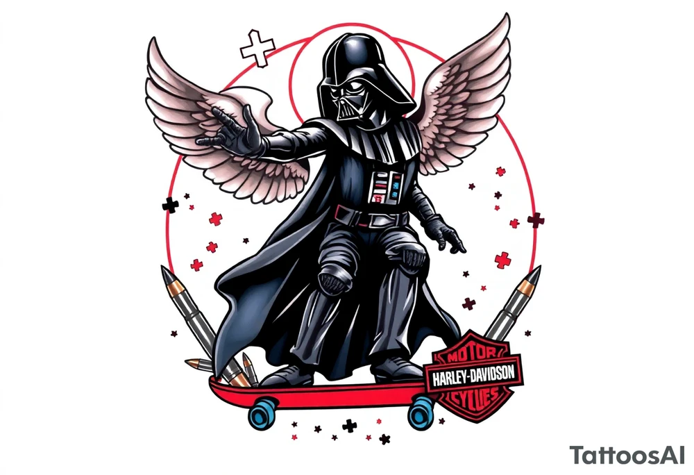 darth vader skateboarding, heaven, outdoors, Harley Davidson, bullets, puzzle red & blue colors

WORDS "Seth J. Carter"
12/29/88-01/06/24 tattoo idea