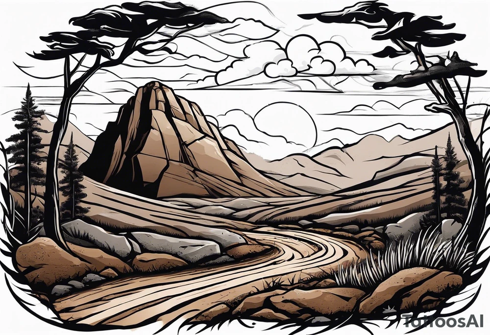 Create a tattoo of a flat topped rock Ebenezer with a base under the ground line that is pointed and deep, surrounded by freshly tilled and raked soil ready to be planted and under ground in front of the rock, a seed planted and pushing through the soil tattoo idea