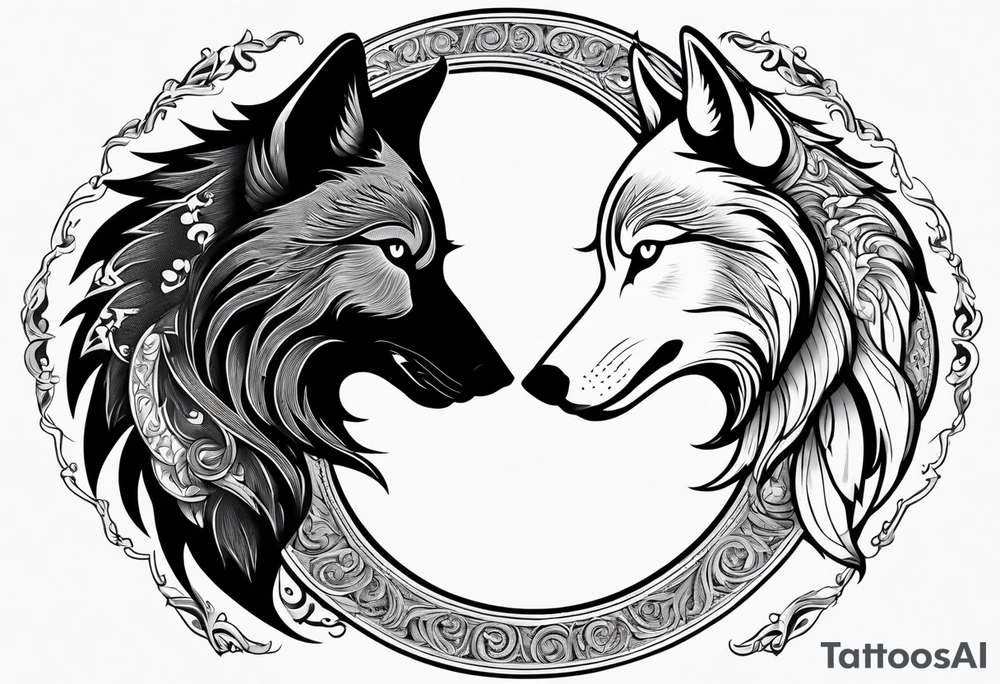 black wolf and white wolf in a ying yang style tattoo idea