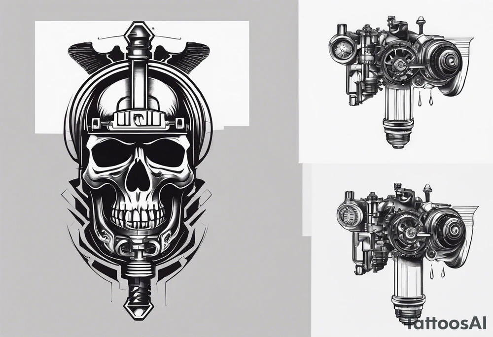 Powerful skull powered by an engine, in this appears a piston and a turbo, also the dseign must be vertical. Also, the desing must be minimalistic not saturated. Remember the vertical design as this will go in my calf tattoo idea