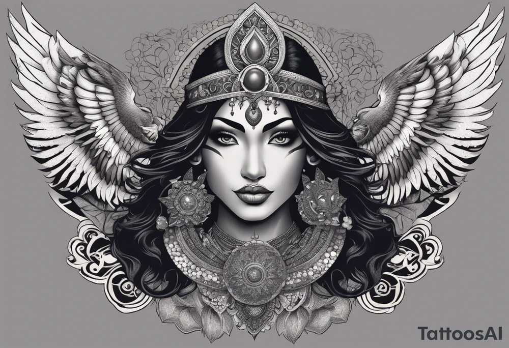 black kali, goddess pirate, alien, angel, pachamama, valkrye, warrior, flying, skull, lotus azul, wing, eagle, zenza resonance, stars, 5D, anahata chakra, death, durga, riding on a tiger, flying lady, kundalini, chest tatoo, samuri, rebel,serpent tattoo idea