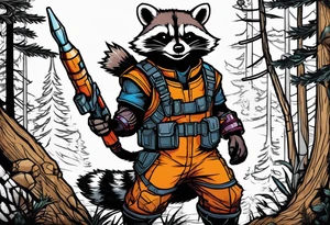 rocket raccoon in a defensive position in a forest tattoo idea