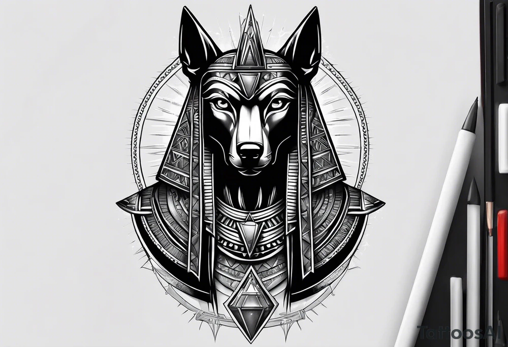 Strict Anubis portrait with pyramids on the background tattoo idea