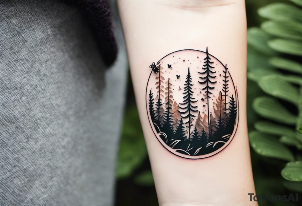 minimalistic forest floor inspired tattoo, which includes grass, moss, curly ferns and dead leaves as the bulk of the tattoo. details to include: forest berries, couple of very small brown mushrooms, a tiny bumblebee flying nearby tattoo idea